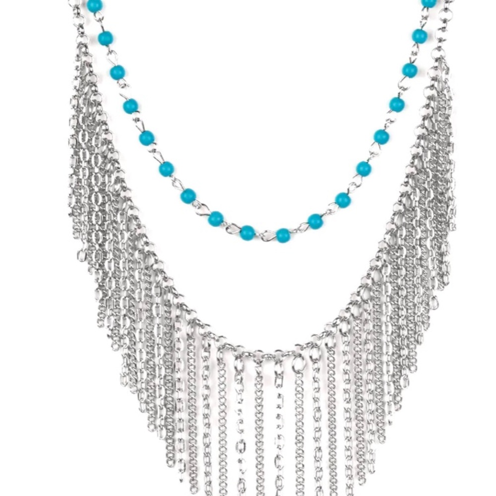 Fierce in Fringe blue necklace by Paparazzi with coordinating earrings.